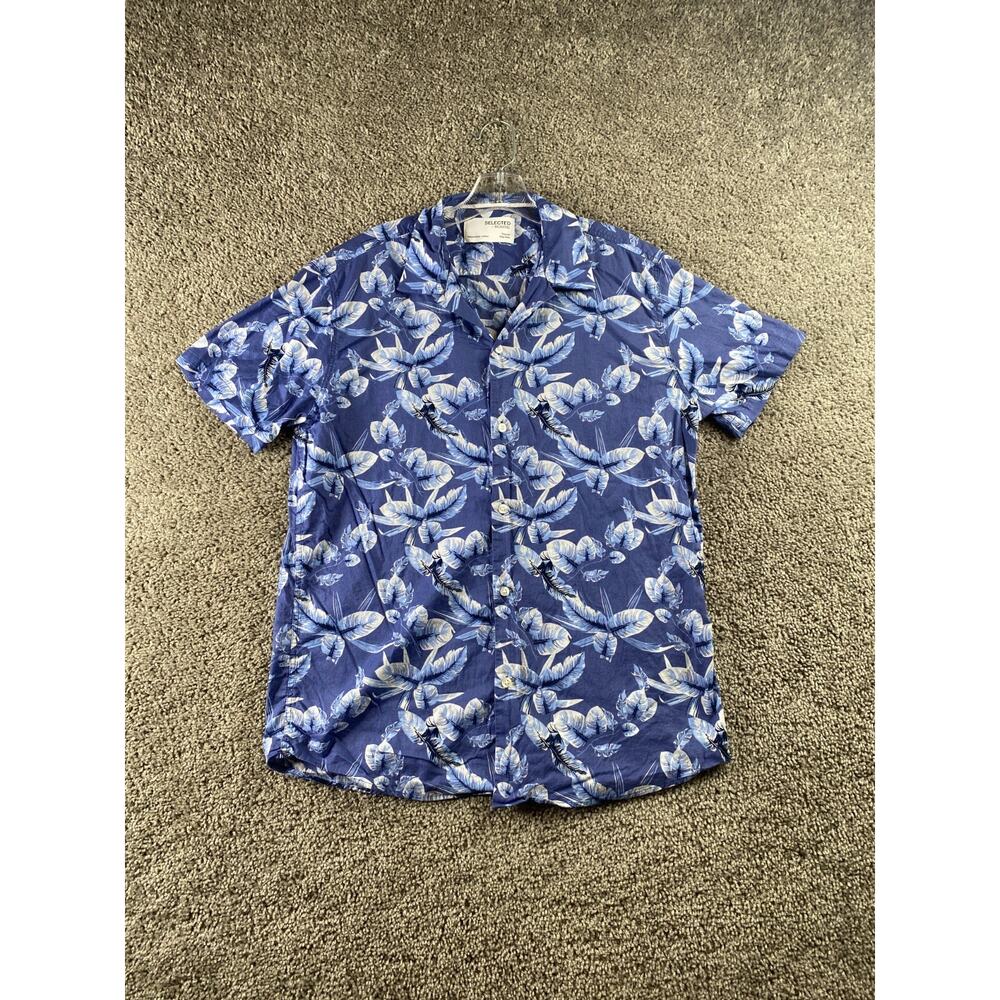 Selected Homme Shirt Mens Large 16.5 Blue White Hawaiian Casual Button Up